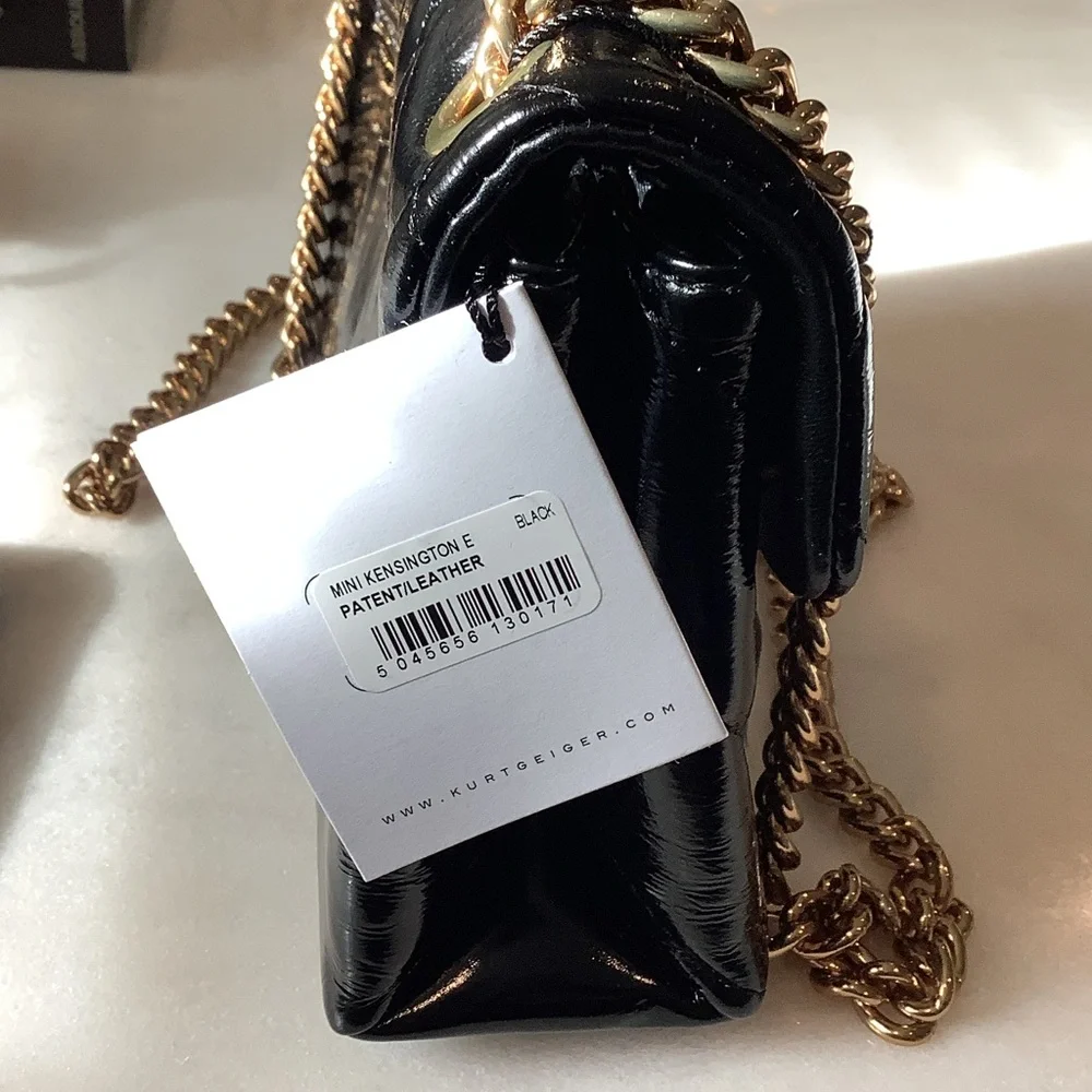 97. Kurt Geiger Black Patent Quilted Crossbody Bag with Gold Chain, Brand New - Picture 4 of 5